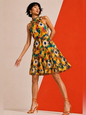 THML Abstract Smocked Neck Mini Dress XS Fits Like Small Colorful Ruffle Hem